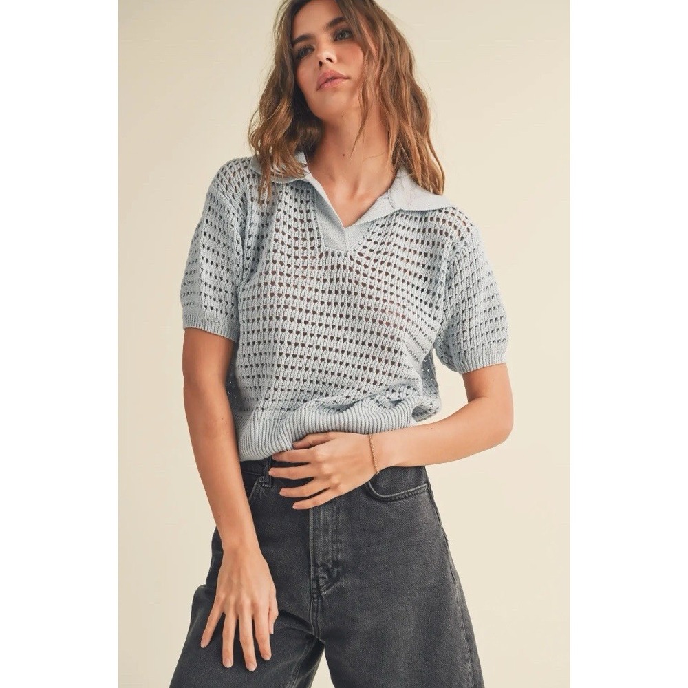 Miou Muse Cropped Collared‎ Sweater Size Small Blue Knitted Top